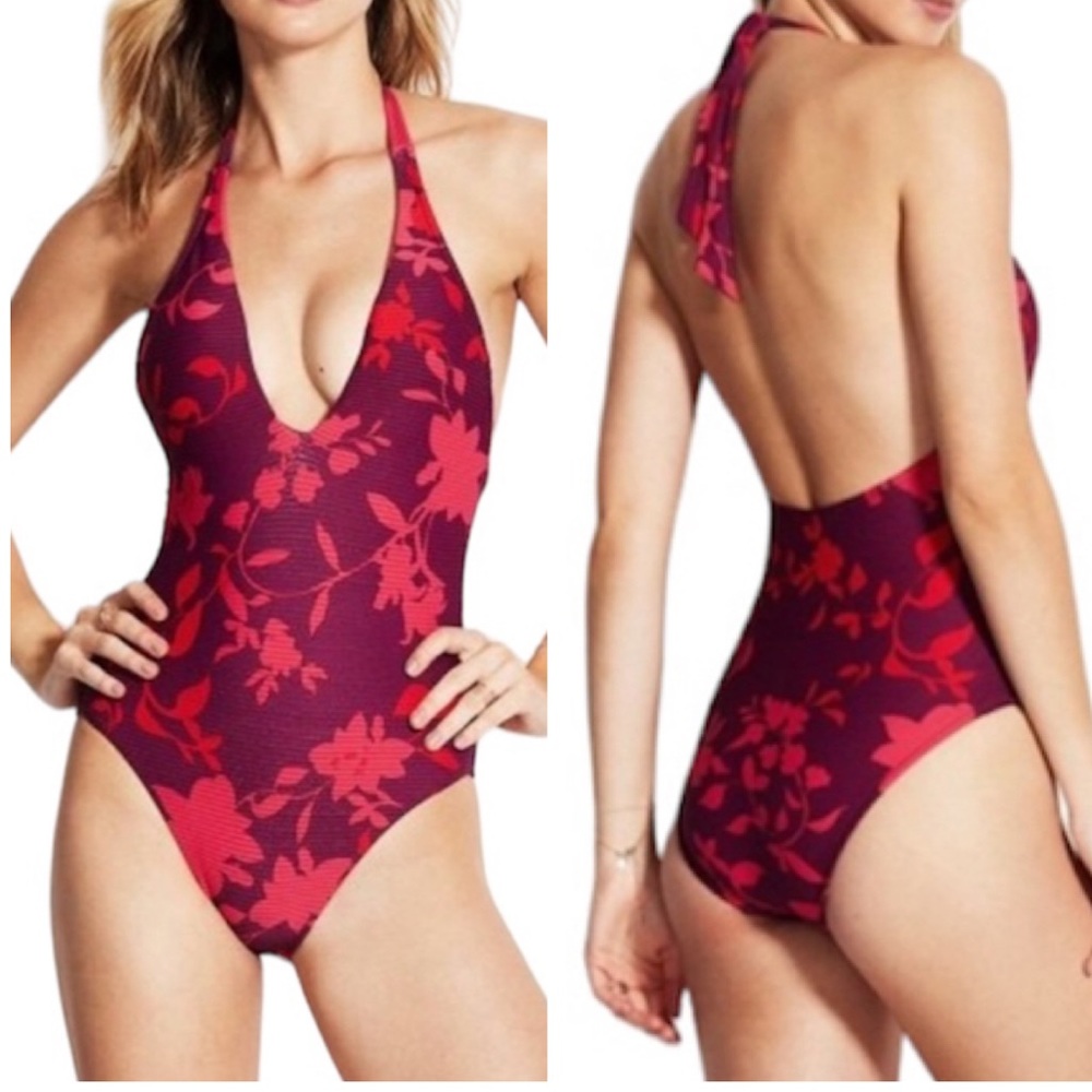 SEAFOLLY Florence Plunge Floral Halter One Piece Swimsuit NEW Size US 4 Red